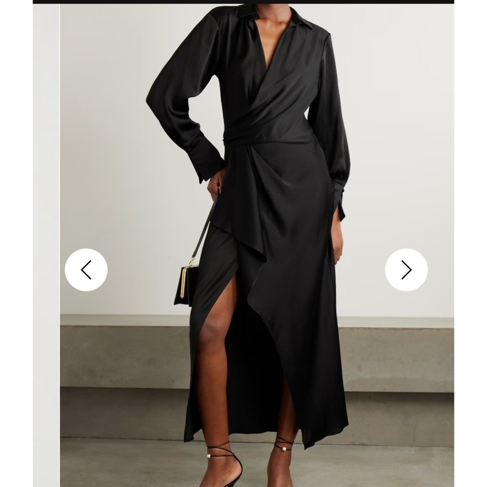 SIMKHAI Black Long Sleeve Draped Wrap Midi Shirt Dress Size 8